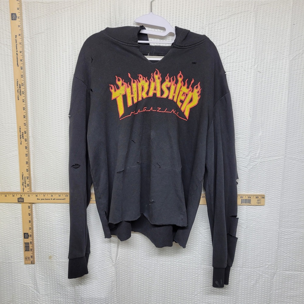 Thrasher Magazine Flame Logo Distressed Hoodie Black Skater Grunge Mens L